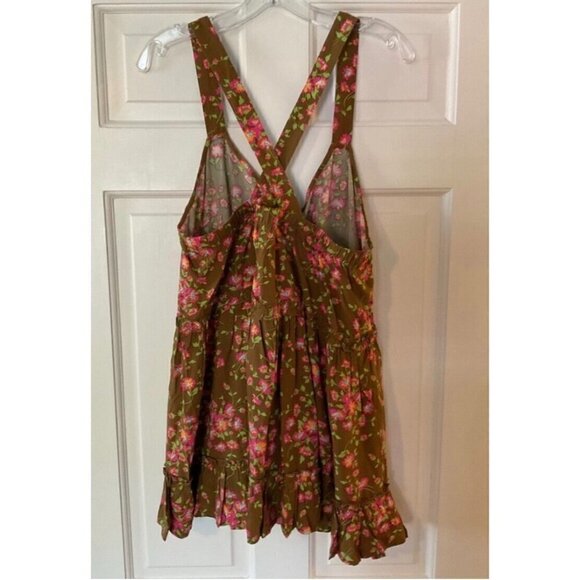 Matilda Jane Sz M Brown Pink Floral Print Ruffle Criss Cross Back Tank Top Women - Picture 9 of 16